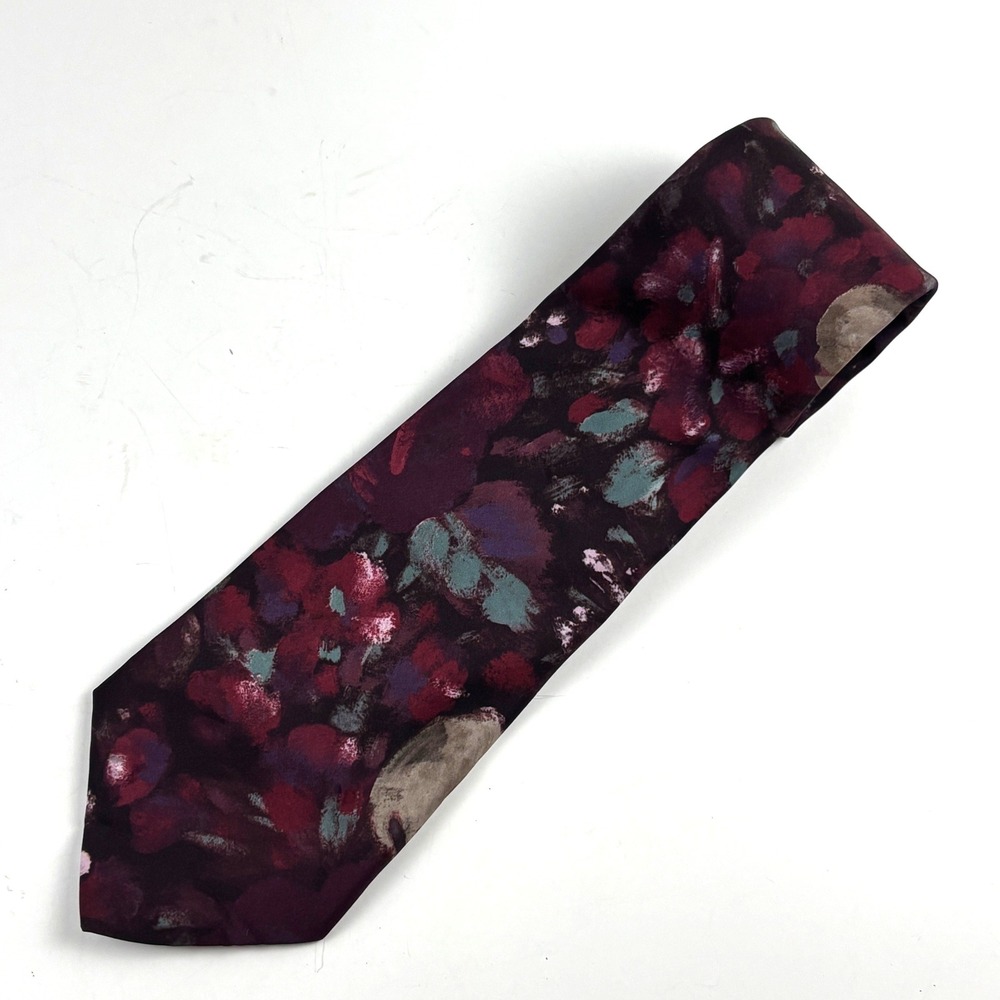 Geoffrey Beene Necktie Mens OS Burgundy Floral Microfiber Art Tie Impressionist